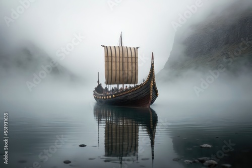 Vikings boat in a fog. AI generation photo