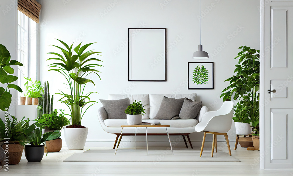 Naklejka premium Frame mockup empty on wall in living room with sofa and houseplants. Generative AI