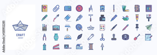 Craft and tools icon set, including icons like Book, Attach, crayons, Drop and more 