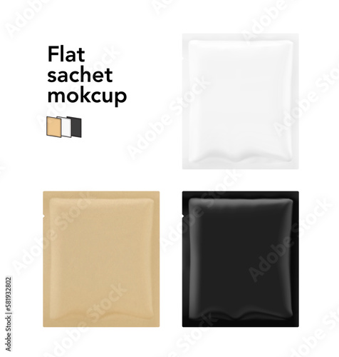 Realistic flat square sachet mockups with different materials. Vector illustration isolated on white background. Front view. Great way to presentation your products. EPS10. 
