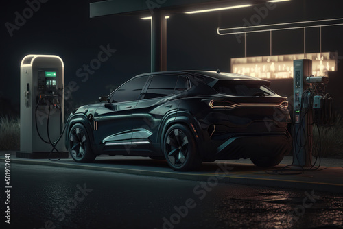 Electro car on a charging station at night. AI generation