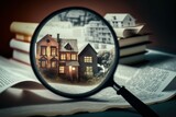 Magnifying glass in front of an open newspaper with paper houses. Concept of rent, search real estate. AI generated