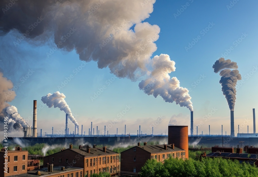 Metal pipe of a plant with exhaust white, gray smoke, smog. Concept ecology, pollution. AI generated Metal pipe of a plant with exhaust white, gray smoke, smog. Concept ecology, pollution. AI generated
