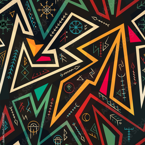 Tribal geometric pattern with nordic runes. Seamless pattern