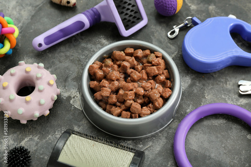Composition with bowl of wet food and pet care accessories on grunge background