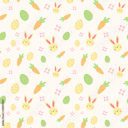Seamless easter pattern with bunnies, carrots, and eggs. Spring pattern for greeting cards, posters, templates, package design, banners, flyers, wallpapers.
