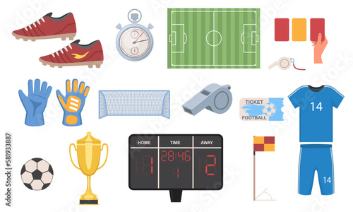 Set of Football match elements. Stickers with soccer uniform, boots, ball, trophy, goalkeeper gloves and field. Team sport and competition. Cartoon flat vector collection isolated on white background