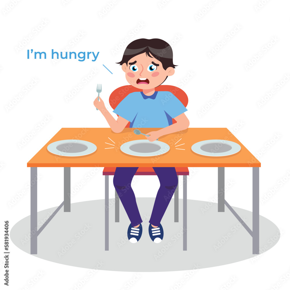 Vector illustration of a cute hungry boy. Cartoon scene of a boy sitting at a table with plates and holding a fork and spoon in his hands waiting for food isolated on white background. Vector illustration of a cute hungry boy. Cartoon scene of a boy sitting at a table with plates and holding a fork and spoon in his hands waiting for food isolated on white background.