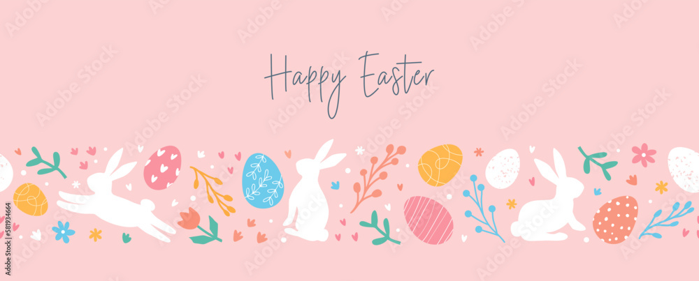Happy Easter. Lovely Easter horizontal banner with pattern by eggs, doodles, bunnies, flowers. Easter festive border. Suitable for textiles, greeting cards, wallpaper, wrapping paper.
