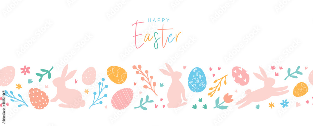 Happy Easter. Lovely Easter horizontal banner with pattern by eggs, doodles, bunnies, flowers. Easter festive border. Suitable for textiles, greeting cards, wallpaper, wrapping paper.