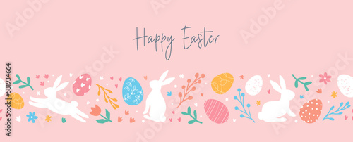 Happy Easter. Lovely Easter horizontal banner with pattern by eggs, doodles, bunnies, flowers. Easter festive border. Suitable for textiles, greeting cards, wallpaper, wrapping paper.