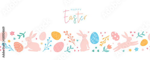 Happy Easter. Lovely Easter horizontal banner with pattern by eggs, doodles, bunnies, flowers. Easter festive border. Suitable for textiles, greeting cards, wallpaper, wrapping paper.