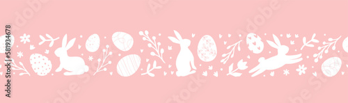 Lovely hand drawn Easter horizontal seamless pattern with doodle eggs, bunnies, flowers. Easter festive border. Suitable for textiles, banners, wallpaper, wrapping paper.