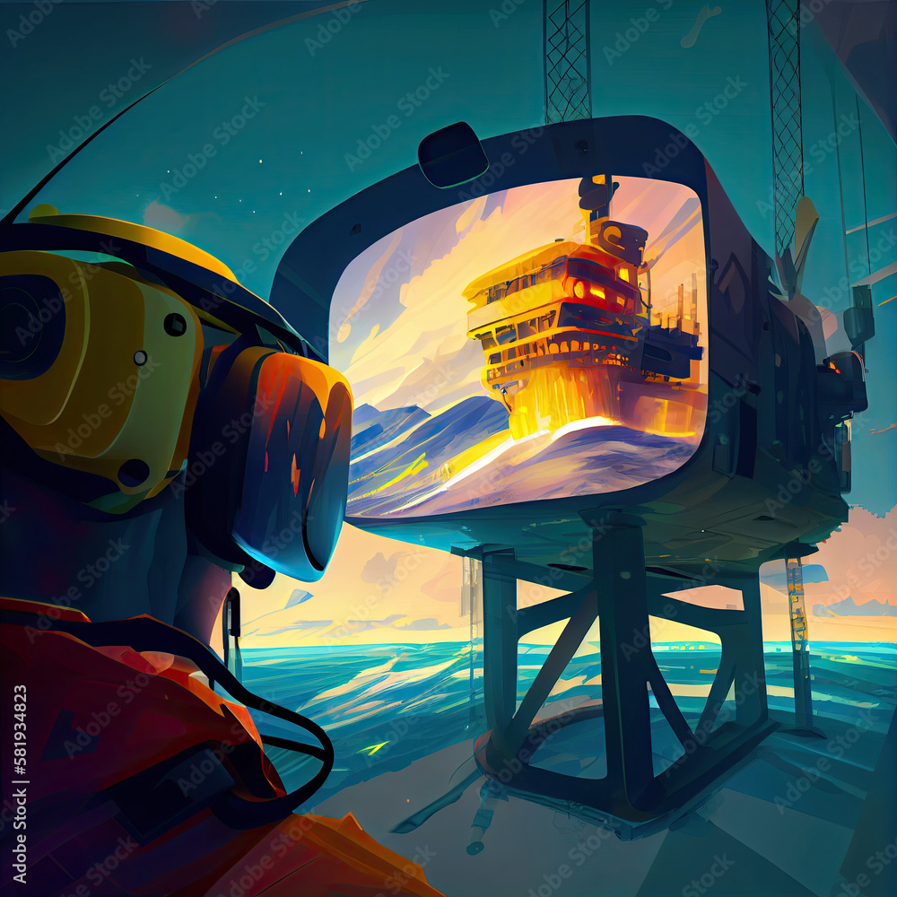 Two People Looking At An Oil Rig In The Ocean One Is Wearing A Gas Mask And The Other Looks 4335