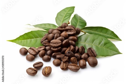 fresh foliage and coffee beans on a white background. Generative AI