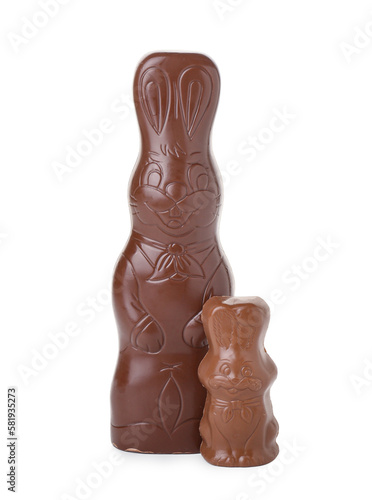 Chocolate Easter bunnies on white background