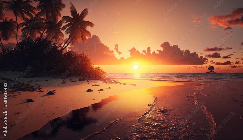 Tropical sunset coconut palm trees silhouettes, Beautiful sunrise over the tropical beach,