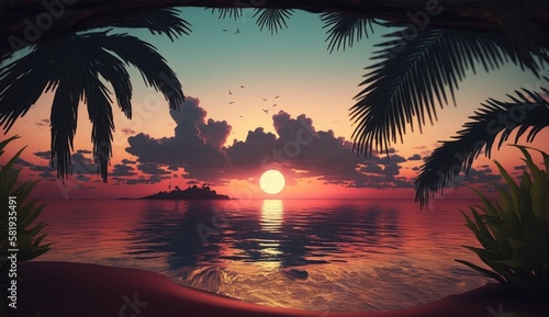 Beautiful sunrise over the tropical beach, Tropical sunset coconut palm trees silhouettes