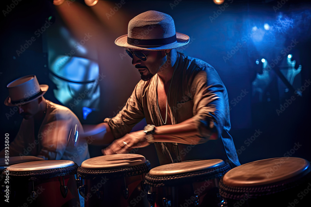 Obraz premium Generative AI Illustration of a Latin percussionist playing his percussion set during a live performance at a concert