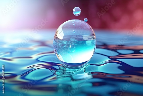 Molecule inside a liquid bubble, cosmetic essence, and a background of water. Generative AI