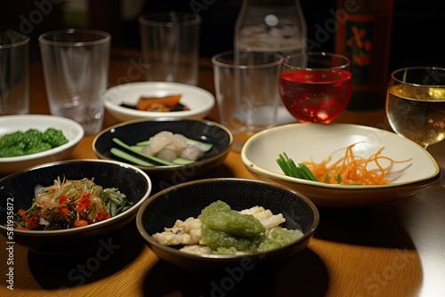 Japanese side dishes and Japanese sake. Generative AI