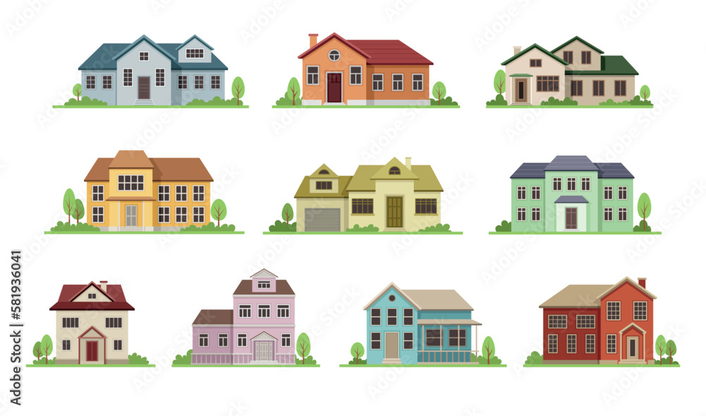 Set of houses. Exterior and facade of city buildings. Private property and real estate. Modern neighborhood village, town landscape. Cartoon flat vector illustrations isolated on white background