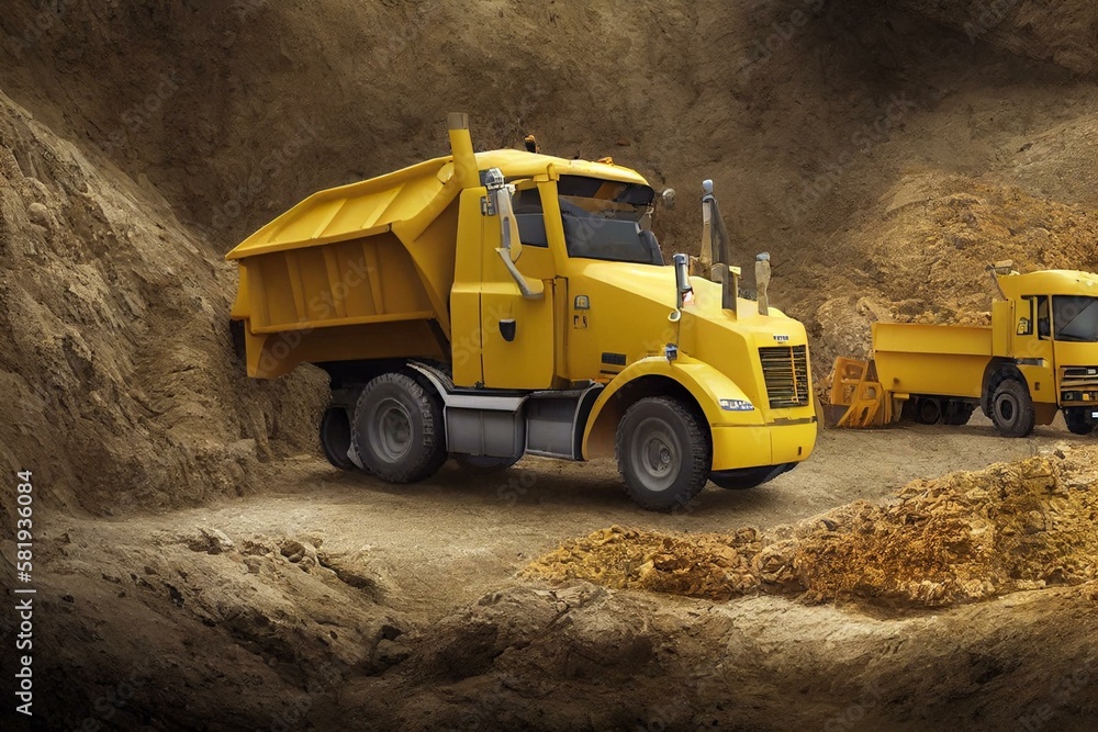 Carrying rocks with dump trucks. Yellow dump truck of a substantial