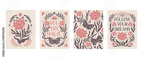 Boho posters set. Collection of bohemian postcards with positive quotes. Flowers and butterfly, plants and insects. Good vibes only. Cartoon flat vector illustrations isolated on white background