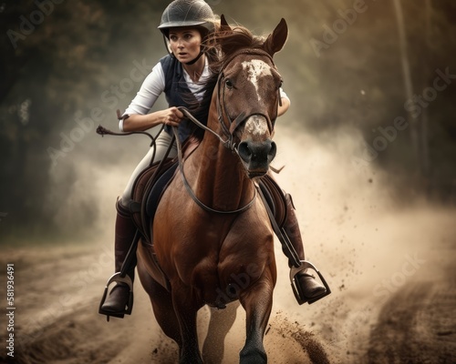 Female rider on beautiful horse running gallop, Generative AI  © Adriana