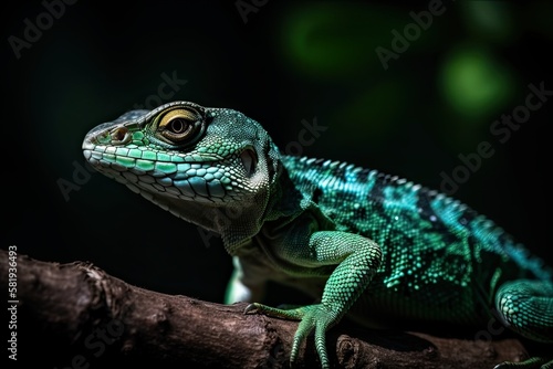 Lizard on a branch against a black and green background. Generative AI