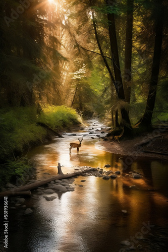 river in the woods with a Deer