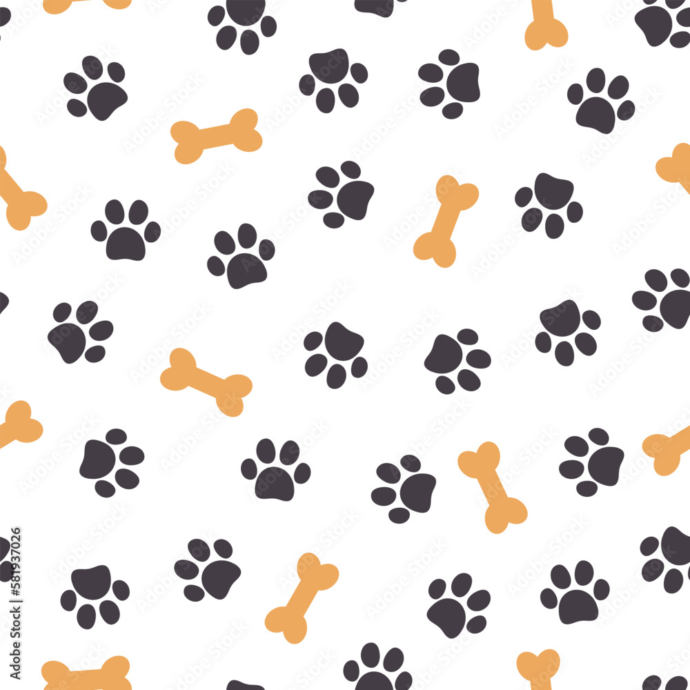 Pet paw seamless pattern. Vector illustration with paw and bone on white background. It can be used for wallpapers, wrapping, cards, patterns for clothes and other. Pet paw seamless pattern. Vector illustration with paw and bone on white background. It can be used for wallpapers, wrapping, cards, patterns for clothes and other.
