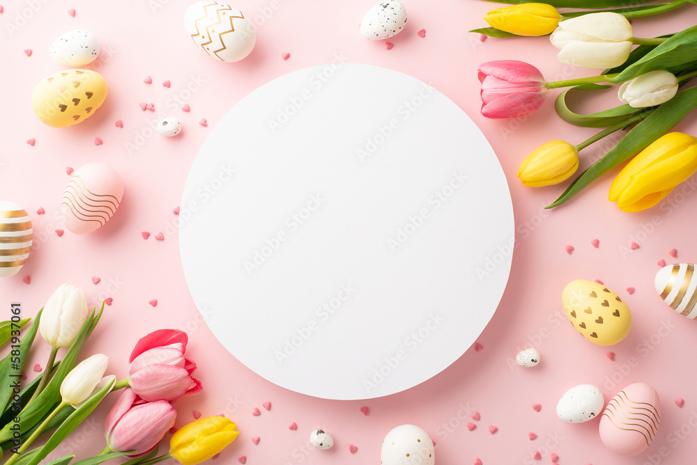 Easter concept. Top view photo of empty circle yellow white and pink tulips colorful easter eggs and sprinkles on isolated pastel pink background with copyspace