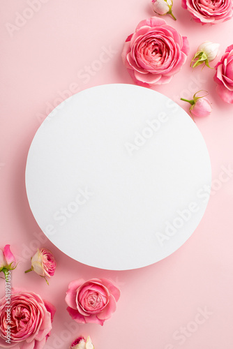 Fototapeta Naklejka Na Ścianę i Meble -  Saint Valentine's Day concept. Top view vertical photo of white circle and spring flowers pink peony roses on isolated light pink background with blank space