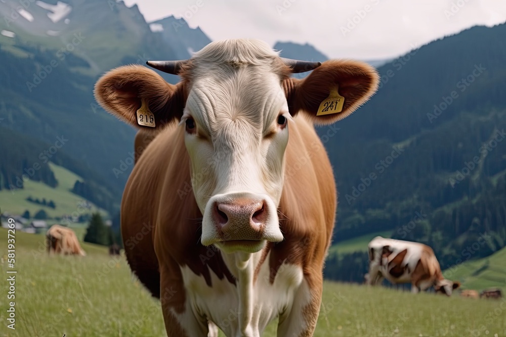 Funny cow on a green meadow looking to a camera with Alps on the background. Generative AI