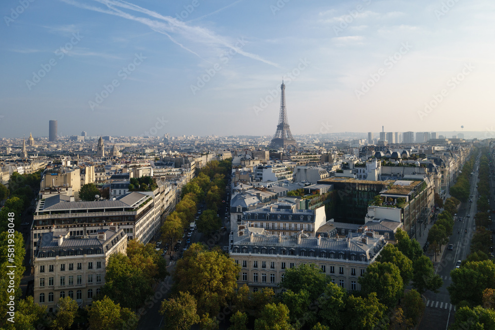 view of Paris from Arc de Triomphe with Eiffel Tower