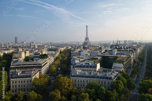 view of Paris from Arc de Triomphe with Eiffel Tower