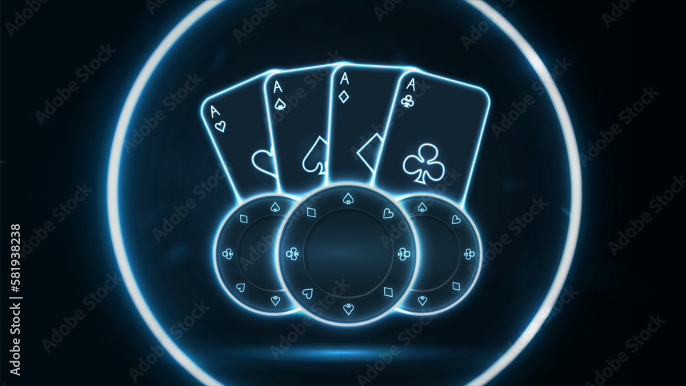 Playing cards and poker chips in a neon circle. Playing cards and poker chips in a neon circle.