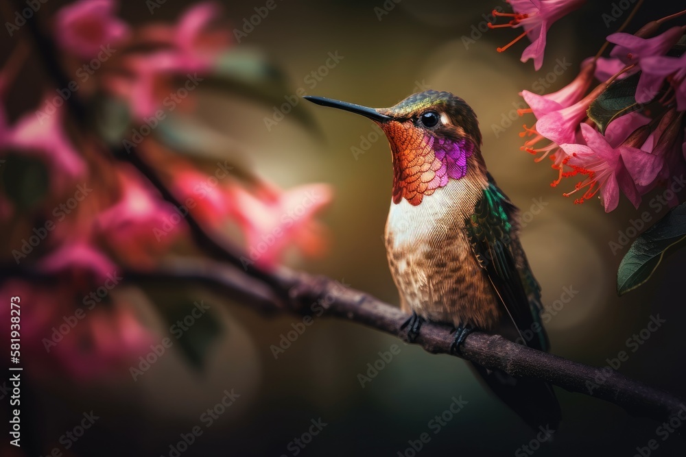 Fototapeta premium Gorgeous, colorful hummingbird with a bouquet of pink flowers. Generative AI