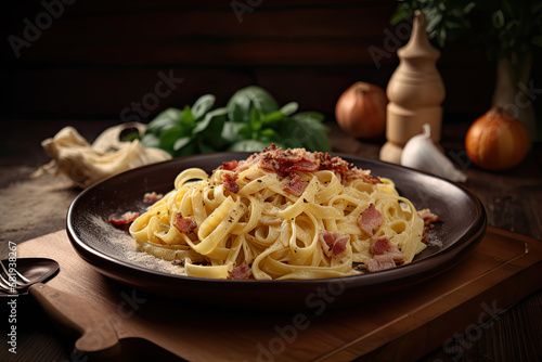 Savory Italian Carbonara Fettuccine on a Rustic Wooden Table. Created using Generative AI.