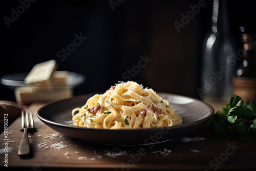 Savory Italian Carbonara Fettuccine on a Rustic Wooden Table. Created using Generative AI.