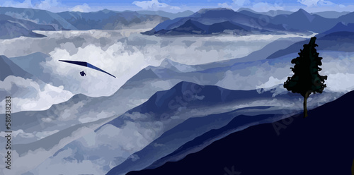 A person hang glides over a mountain landscape in a blue toned vector image.
