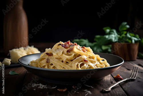 Savory Italian Carbonara Fettuccine on a Rustic Wooden Table. Created using Generative AI.