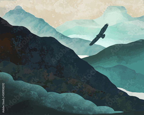 An eagle glides over a mountain landscape in this cool toned vector image photo