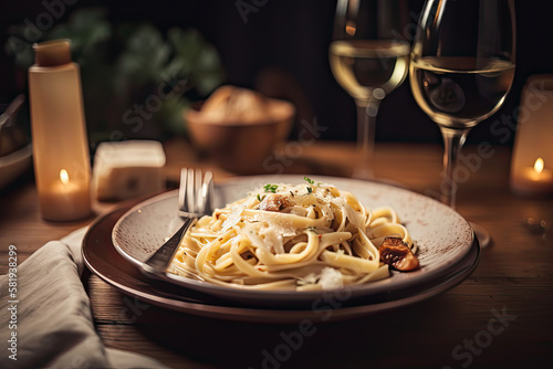 Savory Italian Carbonara Fettuccine on a Rustic Wooden Table. Created using Generative AI.