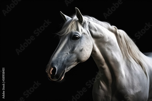 Moving photograph of a white horse on a black background. Generative AI © AkuAku