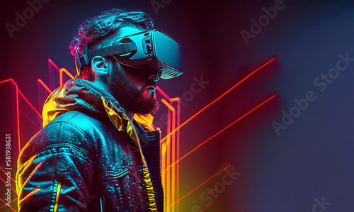 Guy up in virtual glasses. neon abstract banner. copy space. AI generated © Olena Dziuba