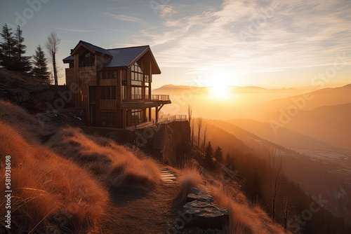 Refúgio na Montanha: Desfrute de um Chalé Aconchegante com Design Moderno e Vista Para as Nuvens. Created using Generative AI.