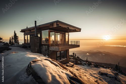 Refúgio na Montanha: Desfrute de um Chalé Aconchegante com Design Moderno e Vista Para as Nuvens. Created using Generative AI. photo