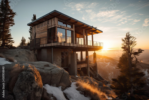 Refúgio na Montanha: Desfrute de um Chalé Aconchegante com Design Moderno e Vista Para as Nuvens. Created using Generative AI.